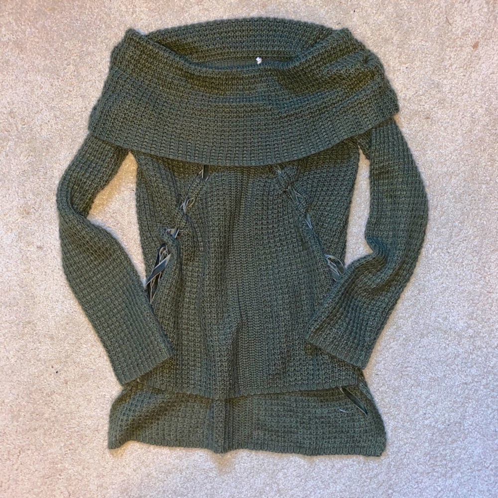 Olive off the shoulder lattice sweater